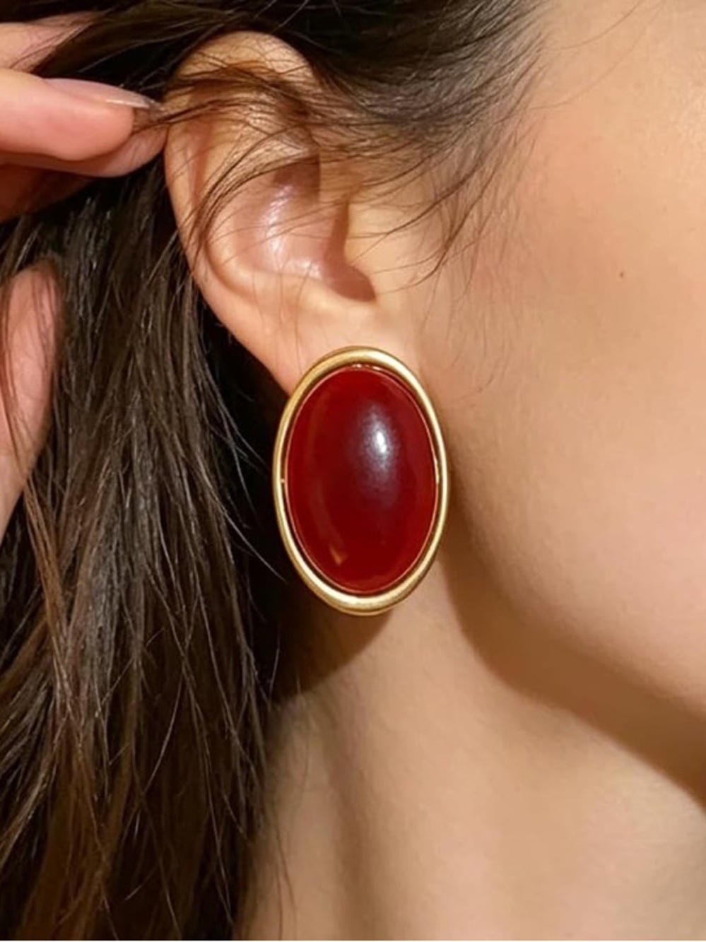 Anthropologie Gold-Trimmed Deep Red Oval Earrings